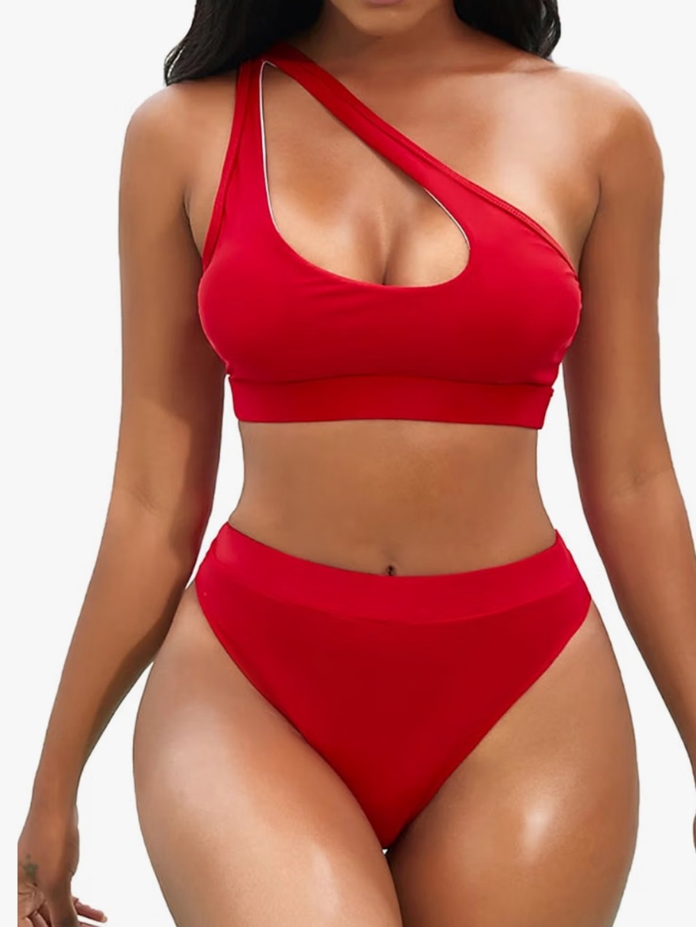 Red One-Shoulder Cutout Bikini - Women Swim
